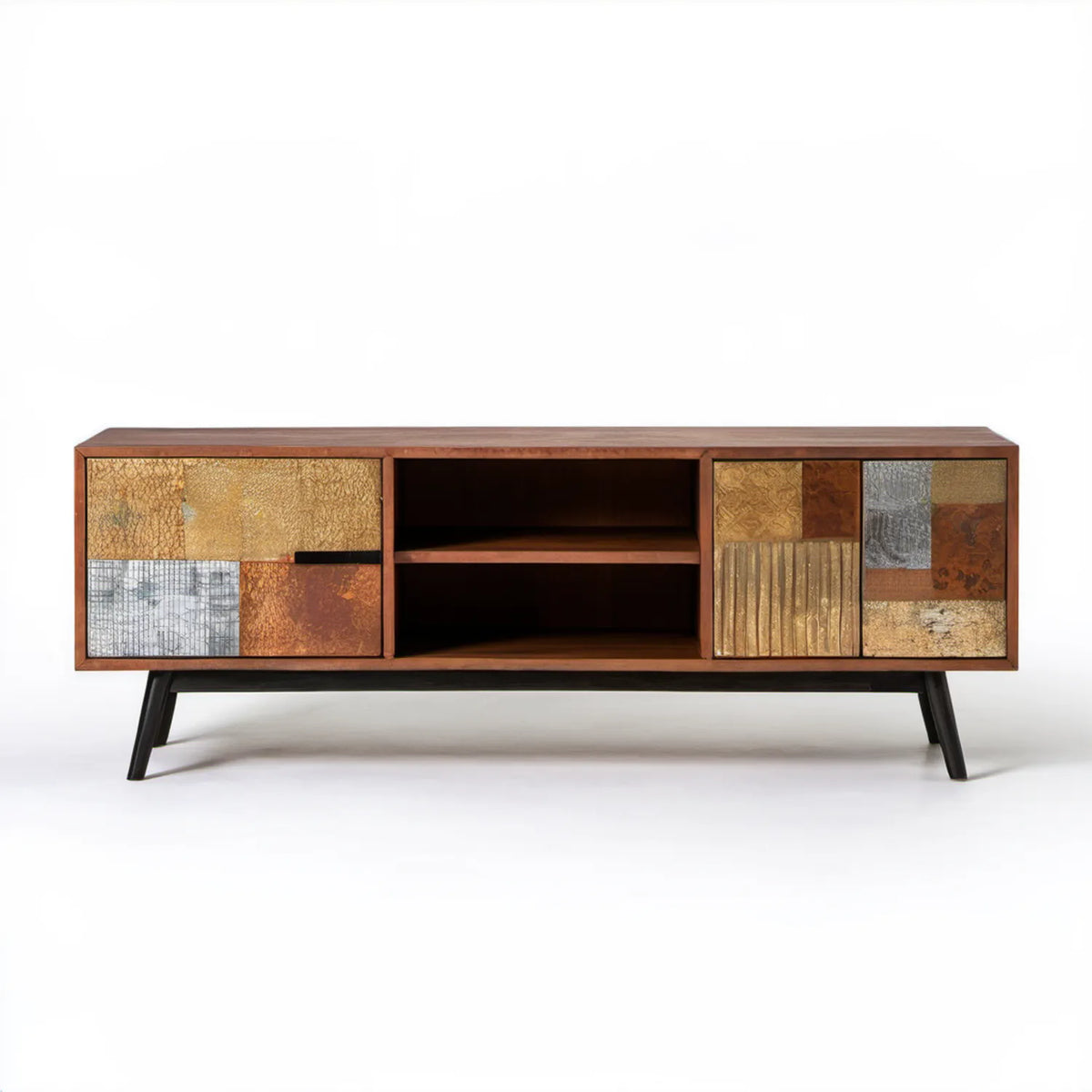 Szafka RTV z litego drewna mango 160 x 40 x 55 cm Brązowy/Czarny/Złoty/Szary