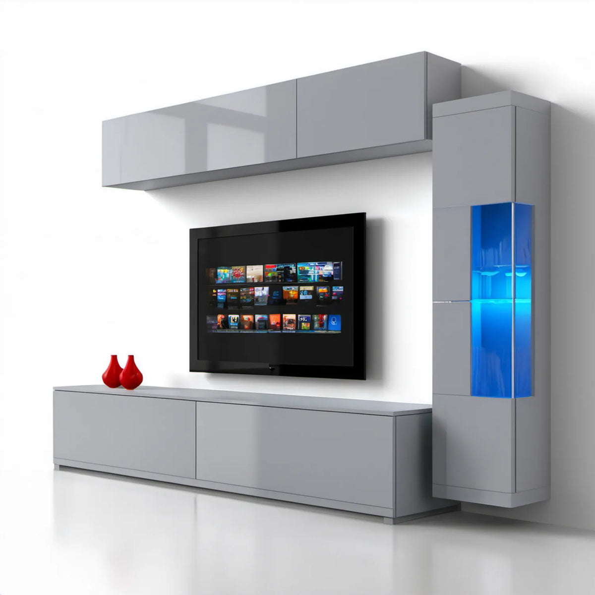 Szara meblościanka RTV z witryną i niebieskim oświetleniem LED 220 x 190 x 40 cm