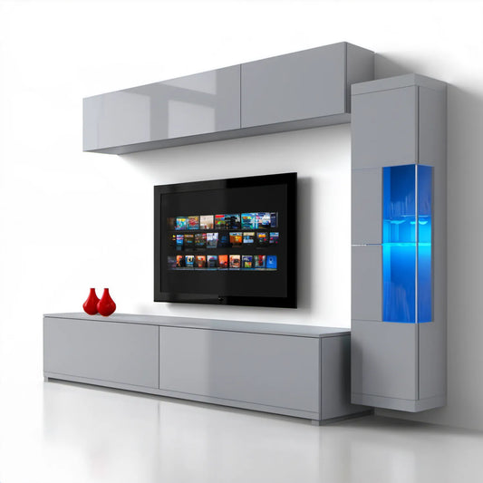 Szara meblościanka RTV z witryną i niebieskim oświetleniem LED 220 x 190 x 40 cm