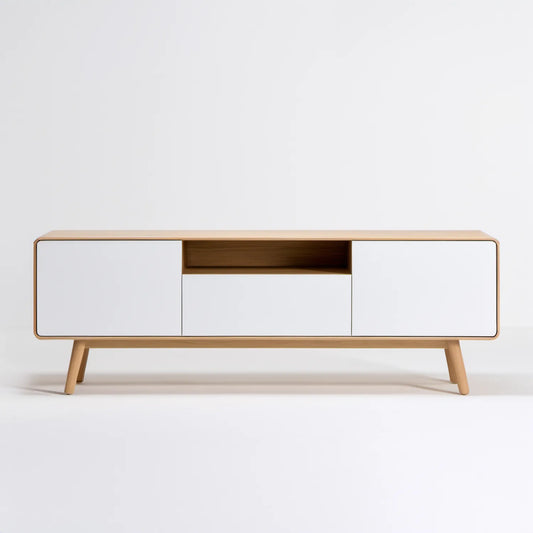 Szafka RTV w stylu skandynawskim, biała i z naturalnego dębu, 160 × 40 × 55 cm