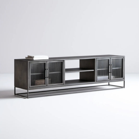 Czarna szafka RTV 180 x 40 x 60 cm z MDF, ryflowanym szkłem i stalową podstawą