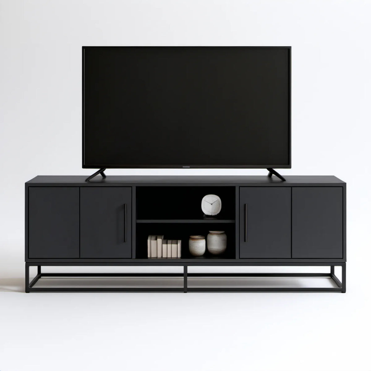 Czarna szafka RTV 160 x 40 x 60 cm z płyty laminowanej i stalową podstawą