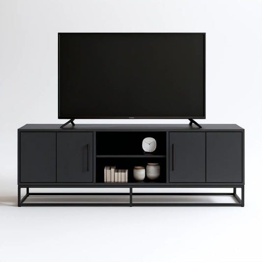 Czarna szafka RTV 160 x 40 x 60 cm z płyty laminowanej i stalową podstawą