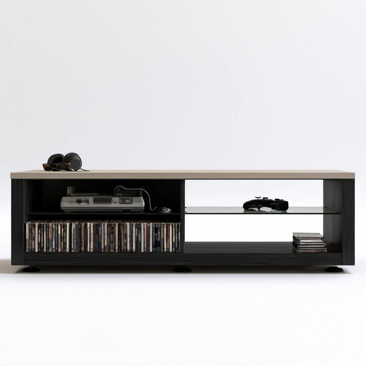 Szafka RTV czarno-beżowa 180 × 40 × 50 cm z laminowanej płyty wiórowej