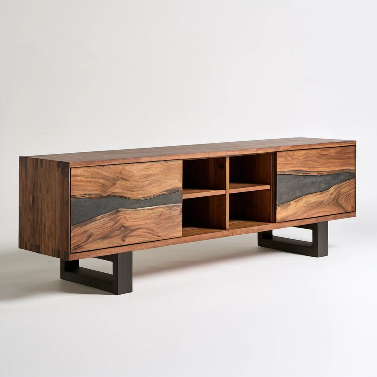 Szafka RTV z litego drewna akacjowego z żywicą epoksydową, brązowo-czarno-szara, 160 x 40 x 60 cm