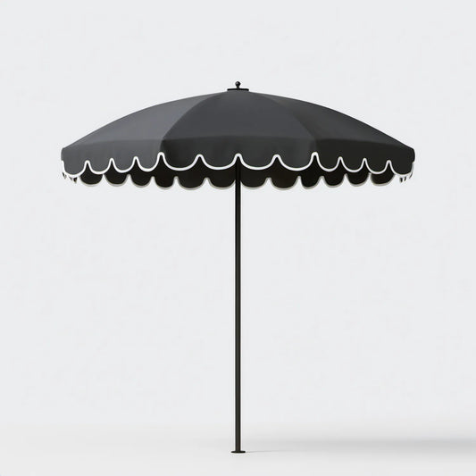 Okrągły parasol ogrodowy czarno-biały z falbaną, Ø 270 cm, wys. 240 cm