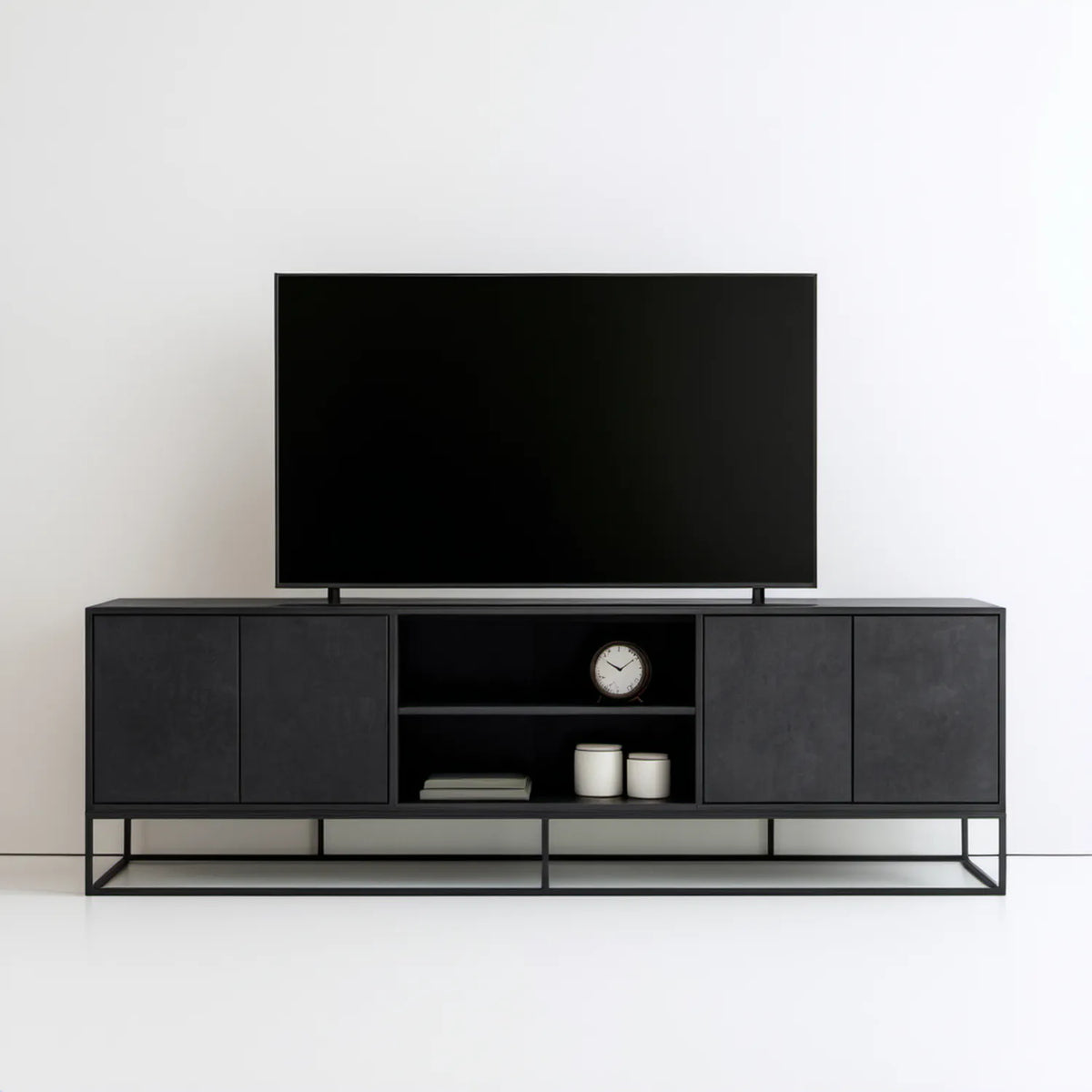 Czarna szafka RTV 180 x 40 x 55 cm z płyty MDF na stalowym stelażu