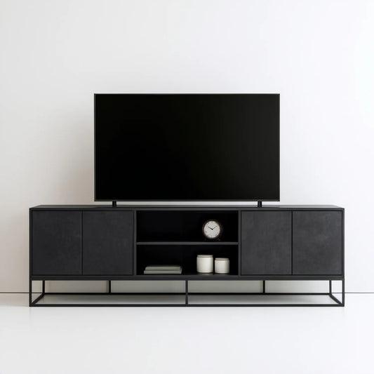 Czarna szafka RTV 180 x 40 x 55 cm z płyty MDF na stalowym stelażu