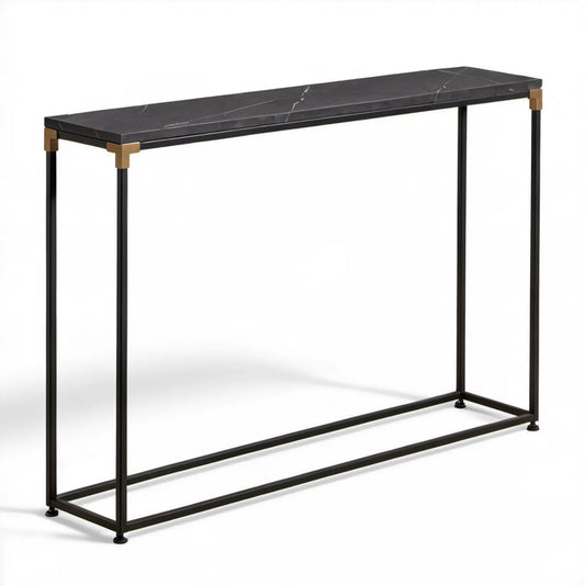 Czarna konsola 120 x 30 x 80 cm z blatem MDF w marmurowy wzór i złotymi detalami