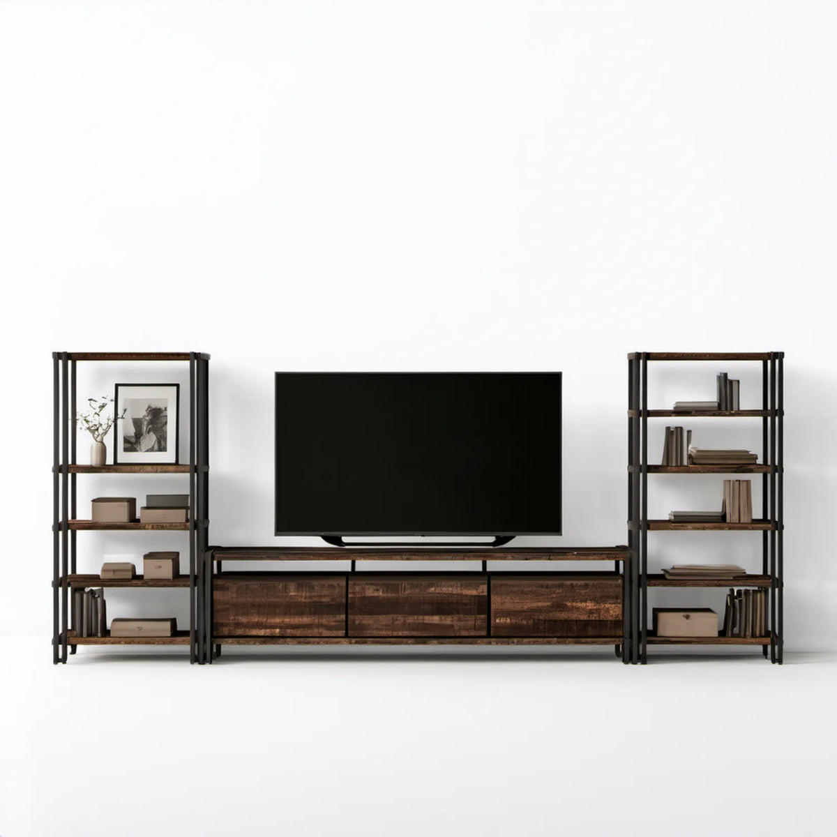 Zestaw RTV z 2 regałami bocznymi, 6 szufladami, brąz orzechowy/czarny, 280 × 40 × 180 cm
